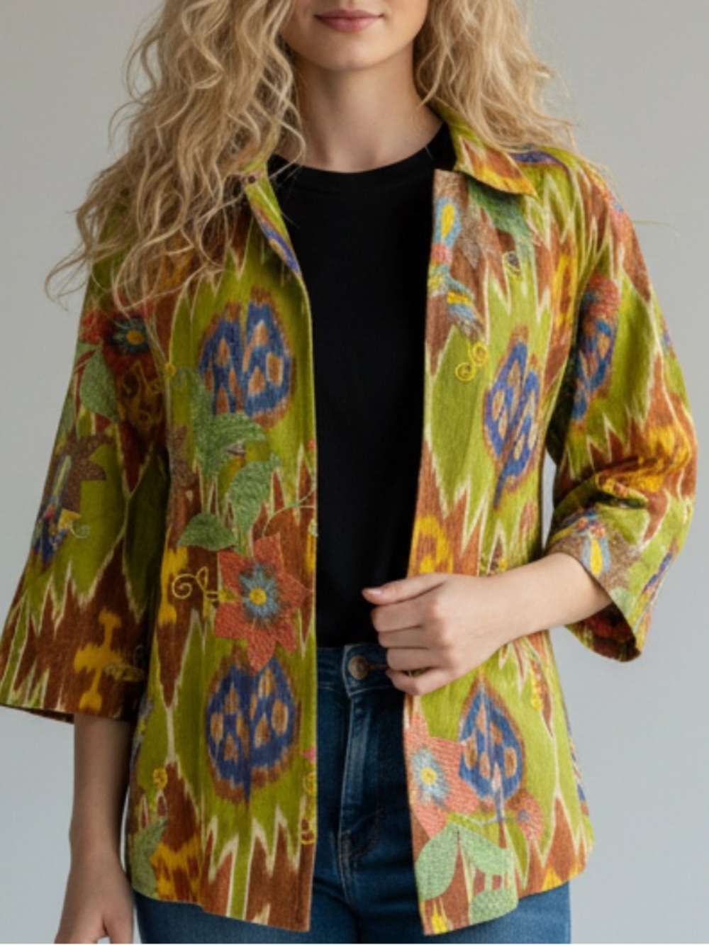 Coldwater Creek Green Multi Aztec Embroidered Linen-Blend Jacket